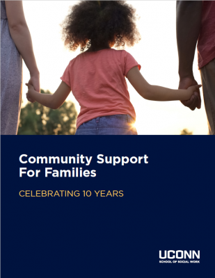 Cover of Community Support for Families 10-year report with child holding hands with two adults