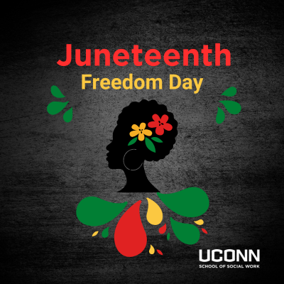 Juneteenth graphic with words "Freedom Day" and African colors.