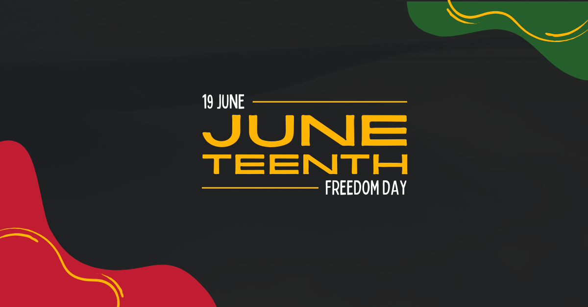 Graphic with black, red, green and yellow colors and the words "June 19 Juneteenth Freedom Day"